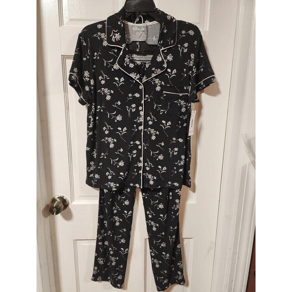Nine West 2 pc. Black Floral Pajama Set Top Buttons Up And Is Short Sleeve